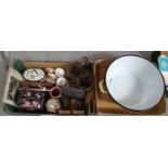 Two boxes of oddments to include: enamel two handled pan, Victorian pottery butter dish and cover, a