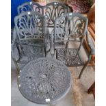 Cast metal garden set comprising two elbow chairs, garden seat and circular table. (B.P. 21% + VAT)