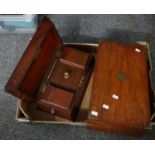 Box containing a sarcophagus shaped mahogany tea caddy and a writing slope with brass hinges. (2) (