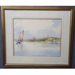 Ken Hammond (British 20th century), estuary scene with sailing vessels, signed. Watercolours.