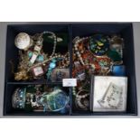 Box of assorted vintage and other jewellery: watches, bangles, pearls, necklaces, Monet boxed set