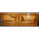 Pair of large hardwood marquetry panels, fox hunting scenes ,to include huntsmen and hounds and