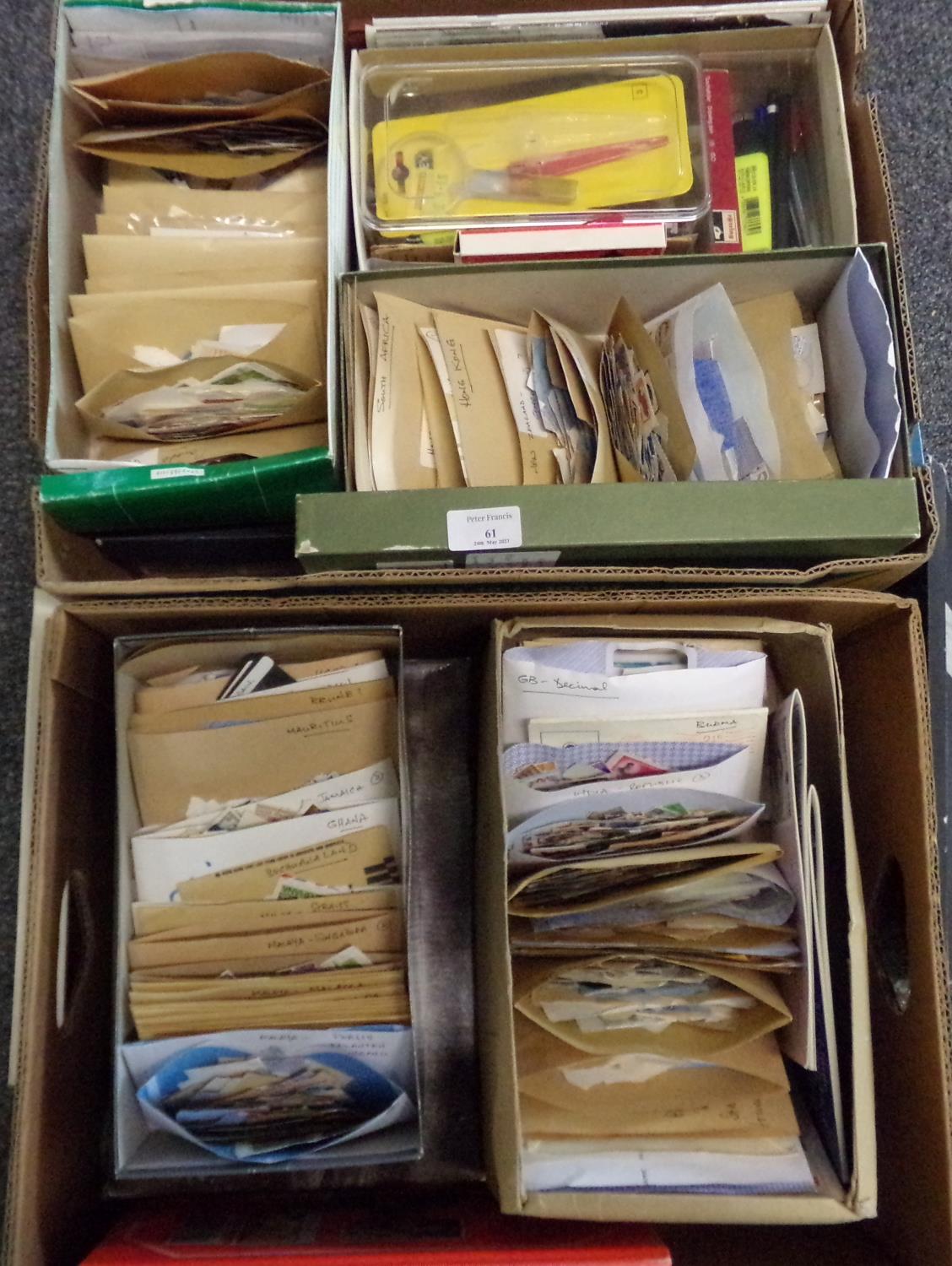 Two boxes of All World stamps sorted into envelopes in shoe boxes and stamp mounts together with