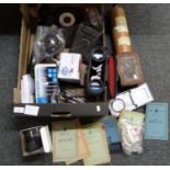 Box of assorted items to include: bag of loose all world stamps, cased binoculars Sonix Zenith 10