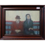 Les Mason (Welsh contemporary), 'Discord', portrait of a couple on a bench, signed and titled verso.