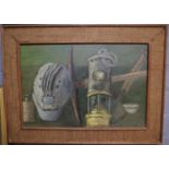 Fred Screech (mid century Welsh), study of miner's lamp, helmet etc. signed and dated 1971 verso.