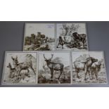 Set of five Minton Hollins & Co tiles, transfer printed with various animals including: stags,