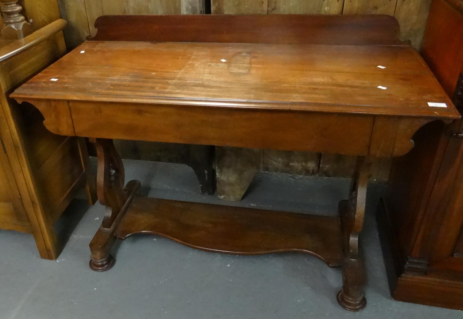 19th century mahogany single drawer side table with shaped under shelf and lyre ends. (B.P. 21% +