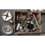 Box of mostly silver plate to include: pedestal basket, serving dishes, toast rack, candelabra,