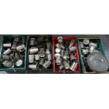 Large collection of pewter and metalware to include: pewter tankards and other drinking vessels,