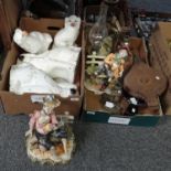 Two boxes of assorted items to include: fire bellows, oil lamp wall sconce, relief decorated