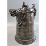 19th century pewter tapering pitcher jug, having Rococo mounts, Mythical animal head handle and
