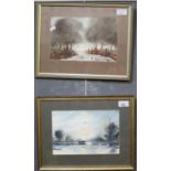 Anthony Waller, country scenes, a muddy lane and figure fishing, a pair, signed. Watercolours.