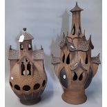 Avondale Pottery, two similar novelty tealight/candle holders in the forms of mythical castles,