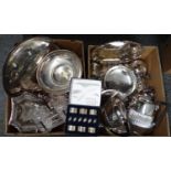 Two boxes of metalware, mostly silver plate to include: coffee pot, teapot, trays, ladle, plates,