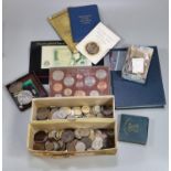 Box of assorted coinage, foreign and British: 1951 Festival of Britain, Midland Bank, an English £