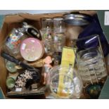 Box of oddments, to include: liqueur glasses, dressing table items, Victorian embosser, thimbles