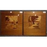 A pair of 20th century hardwood marquetry panels, depicting village street and farmstead with hay