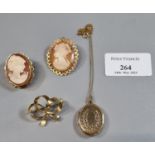 9ct gold locket pendant and chain together with two 9ct gold cameo brooches and a yellow metal