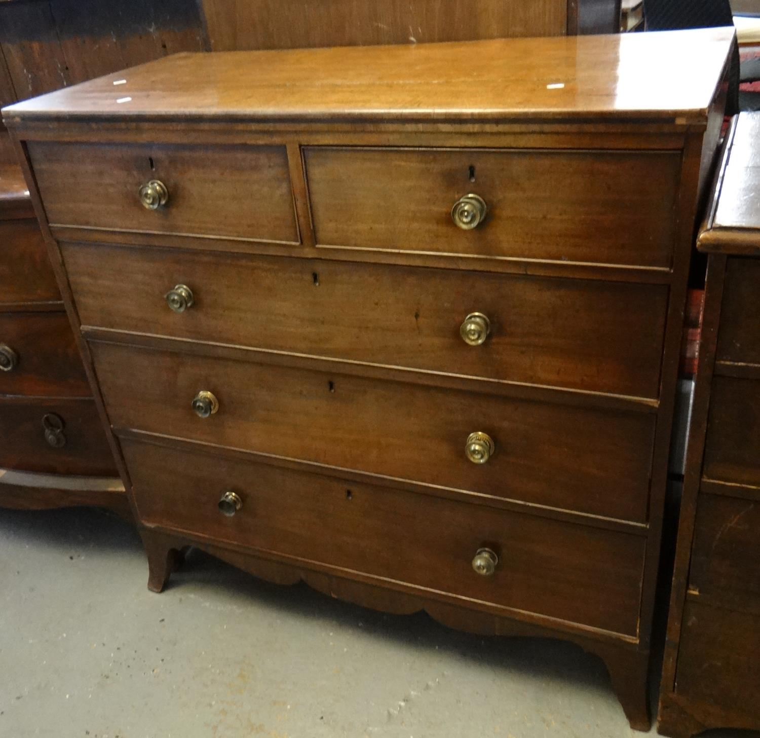 19th century mahogany straight front chest of two short and three long drawers with brass turned