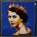 Framed and mounted Lego panel, a portrait of Queen Elizabeth II, mounted on a framework. 8ox80cm