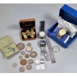 Box of oddments to include: silver crown dated 1935, silver and other coins, modern wristwatches