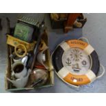 Box of assorted items to include: a 'Welcome Aboard' decorative life buoy/life preserver ornament,