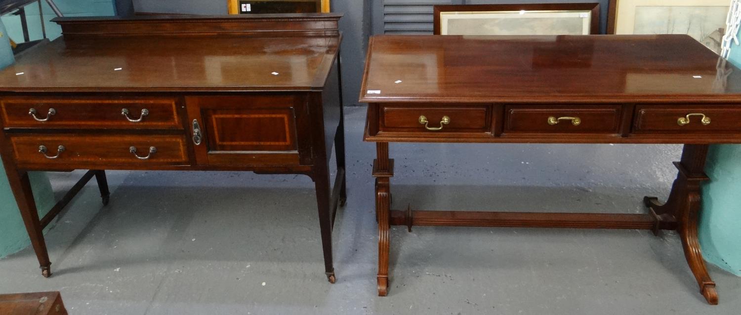 Edwardian mahogany inlaid vanity table on tapering legs and casters together with a 19th style