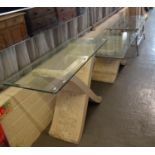 Two similar modern marble and glass top console and coffee tables, both on X frame supports together