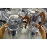 Five piece Picquot ware coffee and tea service comprising; tray, lidded sugar pot, milk jug,