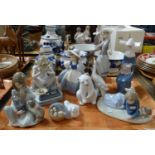 Tray of Lladro and Nao Spanish porcelain figurines to include: nun, girl with geese, polar bear,