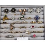 Ring box comprising a large collection of dress rings and some earrings, cameo design, coloured