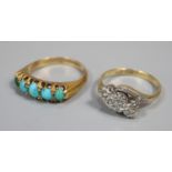 18ct gold five stone turquoise ring together with an 18ct three stone diamond twist shank ring. Size