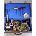 Leather suitcase, the interior revealing 2, 600th Japanese National Anniversary (1940 Medal in