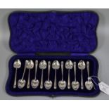 Set of twelve Art Nouveau design heart shaped silver spoons in fitted case. 3.63 troy oz approx. (