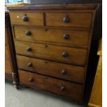 19th century mahogany straight front chest of two short and four long drawers with turned handles on