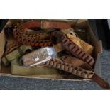 Box of militaria: ammo belts and webbing, some leather etc. (B.P. 21% + VAT)