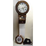 19th century rosewood inlaid two train drop dial wall clock together with two modern clocks. (3) (