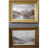 J Murray (British early 20th century), Scottish river landscapes with figures and mountains, a pair,