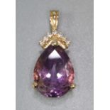 14ct gold amethyst and diamond pendant. 5.5g approx. (B.P. 21% + VAT)