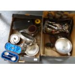 Two boxes of mostly metalware to include: Arts and Crafts style metal footed dish, various cased