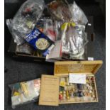 Box of assorted fly tying items for fishing to include: a Bronnley box filled with various