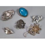 Collection of six silver brooches, floral, leaf and cat design etc. (B.P. 21% + VAT)