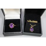 9ct amethyst dress ring. Size N. together with a plated chain. (B.P. 21% + VAT)