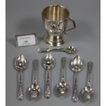 Collection of silver teaspoons together with an Art Deco design silver single handled christening