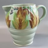 Clarice Cliff Celtic Leaf and Berry pattern ribbed jug, shape No. 41A, printed marks to the