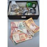Shoebox of assorted foreign and GB coinage together with assorted banknotes: Bahrain, Cyprus etc. (