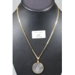 9ct gold necklace with portrait fob/pendant. Total weight 14.6g approx. (B.P. 21% + VAT)
