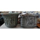 Two continental pottery planters with classical relief designs; one marked 'Partenon, hand made in