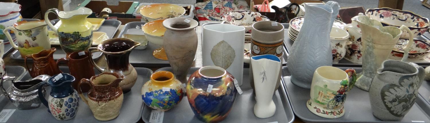 Three trays of mostly pottery items to include: dresser jugs; two tone stoneware and art pottery,